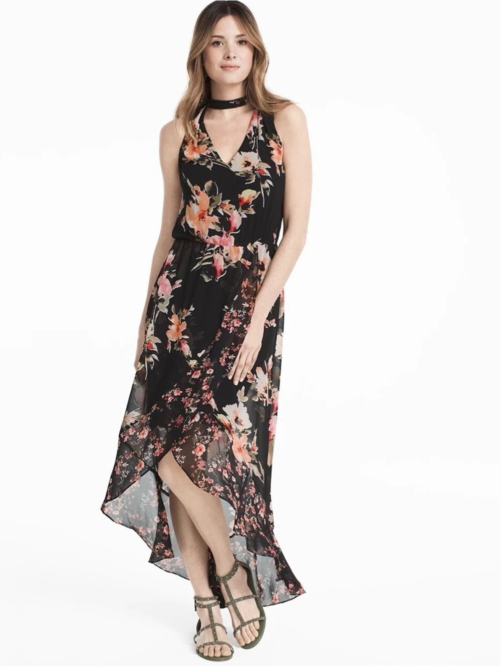 White House Black Market Black Floral Maxi Dress with Pink Accents Flowy